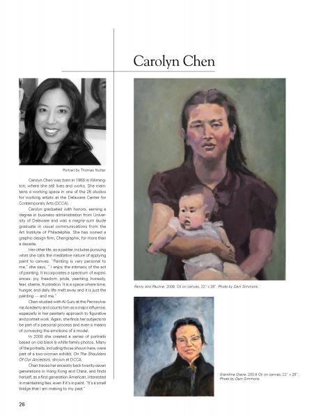 A magazine page highlights artist Carolyn Chen from Schiffer Publishing Ltd.'s "100 Artists of the Brandywine Valley," featuring her portrait, biography, and two Pennsylvania-inspired paintings: a woman with a baby and a woman with glasses.