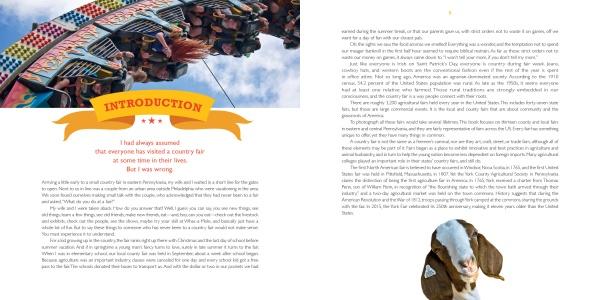 Above a banner reading “Introduction,” Scenes from the Country Fair by Schiffer Publishing, Ltd. features a lively carnival ride. Text appears below, while a small goat photo and more text evoke a classic American country fair on the next page.