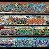 Four vibrant graffiti murals on Brooklyn brick walls, each with bold abstract lettering, featured in "Fresh Paint" by Schiffer Publishing, Ltd., with artist credits: Vicar, Ince; Truce4, Hepkat, Heat; Eras, Cras, Chaws; Dets, Jmex, Monk.