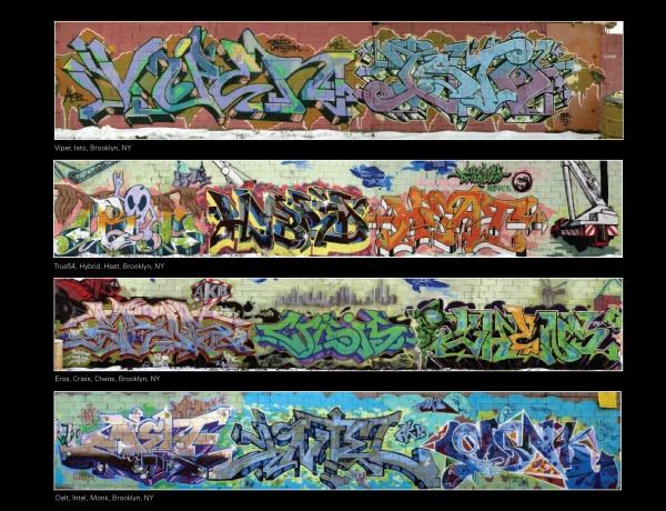 Four vibrant graffiti murals on Brooklyn brick walls, each with bold abstract lettering, featured in "Fresh Paint" by Schiffer Publishing, Ltd., with artist credits: Vicar, Ince; Truce4, Hepkat, Heat; Eras, Cras, Chaws; Dets, Jmex, Monk.