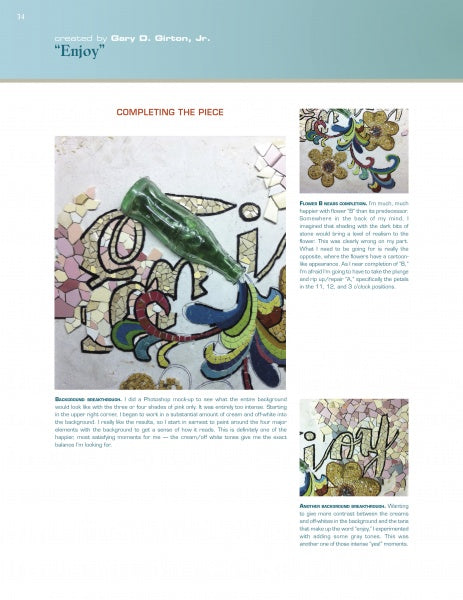 A magazine page features "Mastering Mosaics" by Schiffer Publishing, Ltd., showing a mosaic art project with colorful tiles and a green glass bottle, plus close-ups of techniques and floral patterns that illustrate how mosaic artists create their visions.
