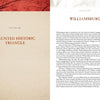 Two open pages from Schiffer Publishing, Ltd.’s "Virginia's Haunted Historic Triangle 2nd Edition": Left page features a red tree and the title Section One: Haunted Historic Triangle; right page is titled Williamsburg with historical ghost stories.