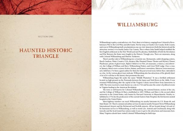 Two open pages from Schiffer Publishing, Ltd.’s "Virginia's Haunted Historic Triangle 2nd Edition": Left page features a red tree and the title Section One: Haunted Historic Triangle; right page is titled Williamsburg with historical ghost stories.