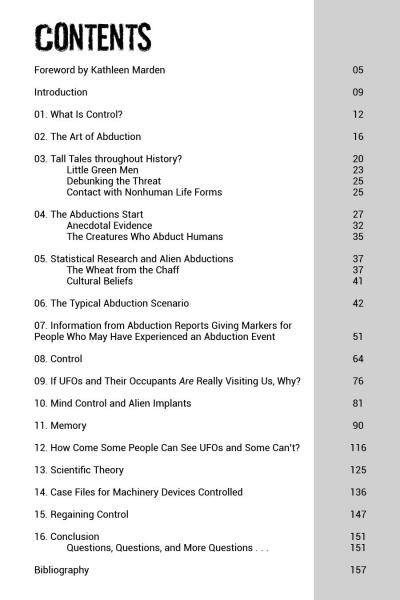 The "Alien Abduction" book by Schiffer Publishing, Ltd. includes a table of contents listing chapters on mind control, UFO investigator insights, sightings, abduction stats, scientific theories, and case studies with page numbers for each.