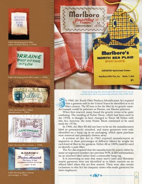 A collage of vintage clothing labels, including brands like Marlboro and Arrow, is featured in "A Dandy Guide to Dating Vintage Menswear" by Schiffer Publishing, Ltd., alongside info on textile fiber labeling history.