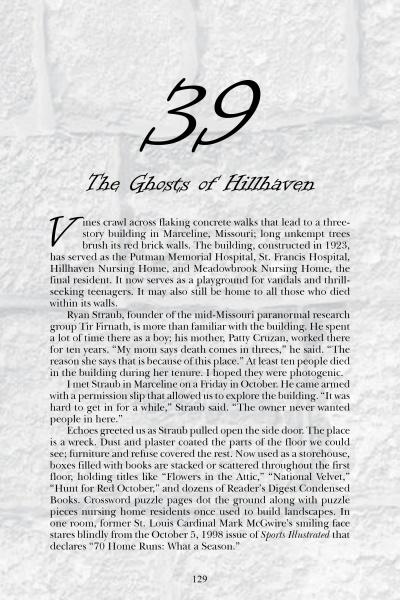 The Paranormal Missouri page, by Schiffer Publishing, Ltd., includes a passage on haunted houses in Marceline, MO, spotlighting a three-story building and Missouri ghost stories set against a gray textured background.