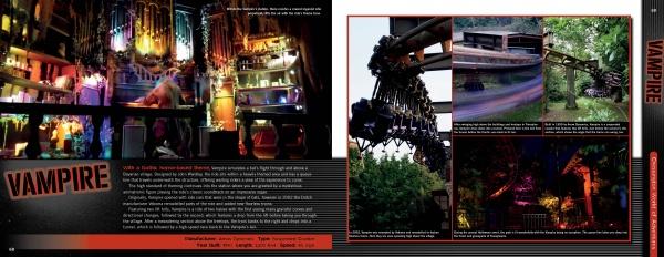 A two-page spread in "Coasting Around the UK" by Schiffer Publishing, Ltd. highlights the Vampire roller coaster with vivid photos of its glowing decor, suspended train, and lush scenery, plus text on its history and UK coaster legacy.