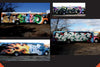 Four buses, each covered with vibrant graffiti inspired by NYC and Graffantasy, feature bold lettering and unique designs—like a cartoon character, flames, and abstract shapes—in KOLORSTORM by Schiffer Publishing, Ltd.