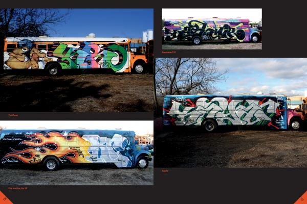 Four buses, each covered with vibrant graffiti inspired by NYC and Graffantasy, feature bold lettering and unique designs—like a cartoon character, flames, and abstract shapes—in KOLORSTORM by Schiffer Publishing, Ltd.