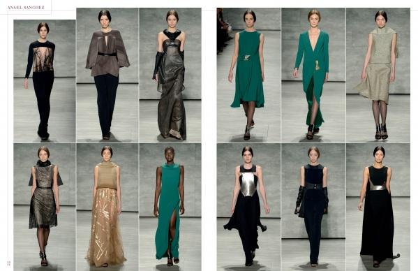 The SFP LookBook: Mercedes-Benz Fashion Week Fall/Winter 2014 Collections by Schiffer Publishing, Ltd. showcases twelve models in elegant, modern dark, metallic, and green dresses, each with unique textures and cuts, set against a gray backdrop.