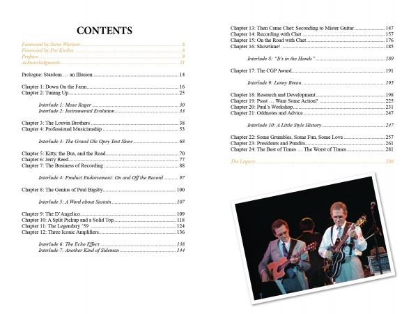 A table of contents from Paul Yandell, Second to the Best (Schiffer Publishing, Ltd.) is shown beside a photo of country guitarists Chet Atkins and Paul Yandell performing on stage with guitars and microphones.
