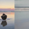 Two photos side by side: a dark heart rock on wet sand at sunset and a white heart-shaped shell by the sea. Calm ocean backgrounds. Text overlays. “My Heart Rocks” by Schiffer Publishing, Ltd.—stunning beach photography, ideal for gifts.