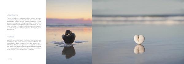 Two photos side by side: a dark heart rock on wet sand at sunset and a white heart-shaped shell by the sea. Calm ocean backgrounds. Text overlays. “My Heart Rocks” by Schiffer Publishing, Ltd.—stunning beach photography, ideal for gifts.