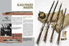 A two-page spread in "Mauser Rifles, Vol. 1" by Schiffer Publishing, Ltd. displays historical Mausers like the Gewehr 71, featuring close-ups, diagrams, vintage photos, three rifles on burlap, and artifacts such as a powder flask and medal.