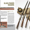 A two-page spread in "Mauser Rifles, Vol. 1" by Schiffer Publishing, Ltd. displays historical Mausers like the Gewehr 71, featuring close-ups, diagrams, vintage photos, three rifles on burlap, and artifacts such as a powder flask and medal.