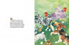 A watercolor scene from Mosey's Field by Schiffer Publishing, Ltd. shows a dog chasing chickens across the countryside, joined by another dog and a groundhog. The left page has a short text—ideal for children’s books set in Mosey's Field.