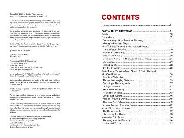 The Guide to Knife & Ax Throwing by Schiffer Publishing, Ltd. includes a table of contents with sections on safety, preparations, basic throws, knife and ax types, and different throwing techniques, each listed with page numbers.