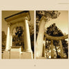 Sepia-toned images of marble columns and an archway at Bonaventure Cemetery, featured in Savannah Cemeteries by Schiffer Publishing, Ltd., surrounded by trees and lush greenery in the background.