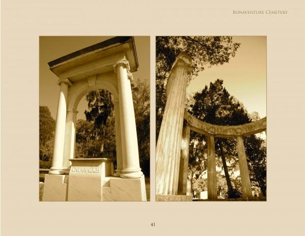 Sepia-toned images of marble columns and an archway at Bonaventure Cemetery, featured in Savannah Cemeteries by Schiffer Publishing, Ltd., surrounded by trees and lush greenery in the background.