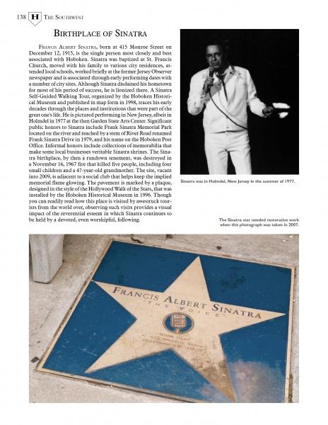 A page from Schiffer Publishing, Ltd.'s "Hoboken" features text about Sinatra’s birthplace, a black-and-white photo of him singing, and his “Francis Albert Sinatra” sidewalk star near Stevens Institute of Technology in historic Hoboken, NJ.
