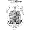 Black-and-white illustration of a Victorian-style house with ornate details, labeled "Victorian Buildings of the American West" by Schiffer Publishing, Ltd. Decorative text and ribbon evoke historic architecture from Shirley Salzman's coloring book.