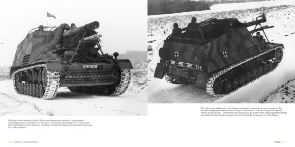 Two black-and-white photos from Schiffer Publishing, Ltd. show WWII German Hummel and Nashorn/Hornisse self-propelled artillery on snowy terrain, with visible tracks, soldiers onboard, and camouflaged exteriors—one vehicle front, one rear view.