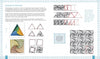 A Meditative Zendoodles spread from Schiffer Publishing, Ltd. displays step-by-step diagrams that guide drawing spiral geometric patterns in triangles and squares, using colored lines for a relaxing experience. Instructions are on the left side.
