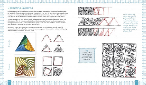 A Meditative Zendoodles spread from Schiffer Publishing, Ltd. displays step-by-step diagrams that guide drawing spiral geometric patterns in triangles and squares, using colored lines for a relaxing experience. Instructions are on the left side.