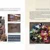 A two-page spread in "Weaving Shaker Rugs" by Schiffer Publishing, Ltd. showcases photos of people with Shaker textiles, woven patterns, dyed fabric swatches, and explains weaving and dyeing methods used in Shaker rug making.