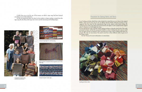 A two-page spread in "Weaving Shaker Rugs" by Schiffer Publishing, Ltd. showcases photos of people with Shaker textiles, woven patterns, dyed fabric swatches, and explains weaving and dyeing methods used in Shaker rug making.