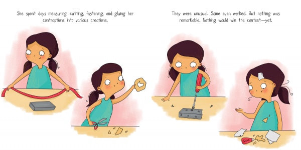 In "Geraldine and the Most Spectacular Science Project" by Schiffer Publishing, Ltd., Geraldine measures, cuts, and assembles a hexagon-shaped wheeled device for her science contest, but her disappointment shows as crumpled papers cover the table.