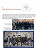 A page from Hooked Rug Storytelling by Schiffer Publishing, Ltd. shows text about The Reeth Parliament, a boot drawing, a photo of six men on a bench, and a hooked rug using traditional techniques to depict the group by a stone wall.
