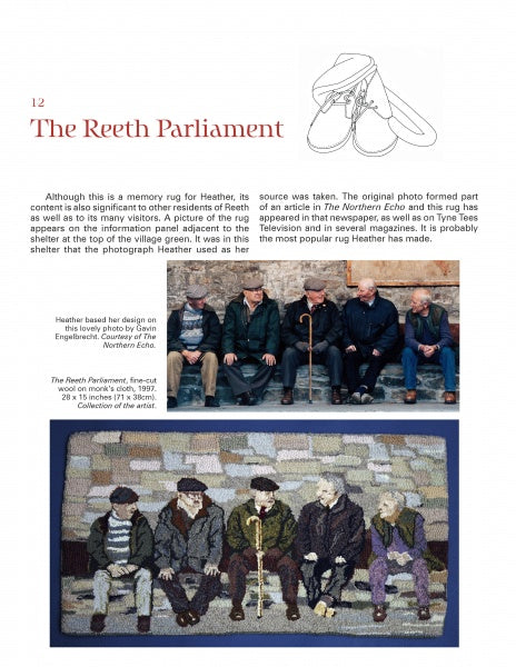 A page from Hooked Rug Storytelling by Schiffer Publishing, Ltd. shows text about The Reeth Parliament, a boot drawing, a photo of six men on a bench, and a hooked rug using traditional techniques to depict the group by a stone wall.