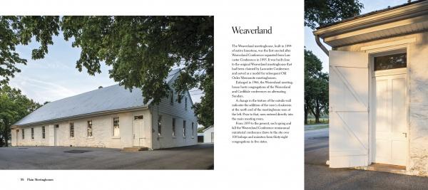 A long, white stone meetinghouse with a metal roof and open door stands among trees—an image typical of Old Order Mennonites in Lancaster County, featured in "Plain Meetinghouses" by Schiffer Publishing, Ltd.