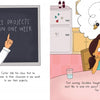 A teacher stands by a chalkboard with “Space projects due in one week.” Nearby, Geraldine from Schiffer Publishing’s "Geraldine and the Space Bees" invents at a table, thinking about ways kids can help save the bees.