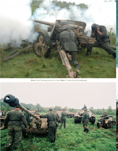Two photos from "German World War II Reenacting" by Schiffer Publishing, Ltd. show soldiers in period uniforms firing artillery and standing by tanks on a grassy field, capturing the drama of a Wehrmacht reenactment.