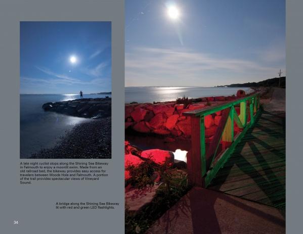 Cape Cod Nights" by Schiffer Publishing, Ltd. captures a cyclist on the moonlit Shining Sea Bikeway, with red and green LED lights illuminating the wooden path—an ideal scene for Cape Cod nighttime photography.