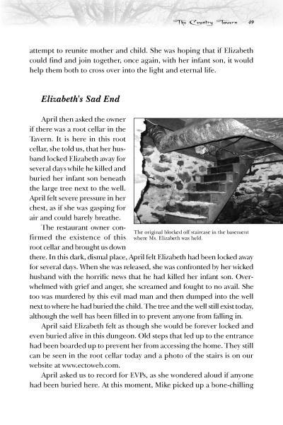 A page from "Spooky Creepy New England" by Schiffer Publishing, Ltd. shows text and a sepia photo of a woman on an old staircase, recounting Elizabeth's sad end and April finding a root cellar in the haunted New England tradition.