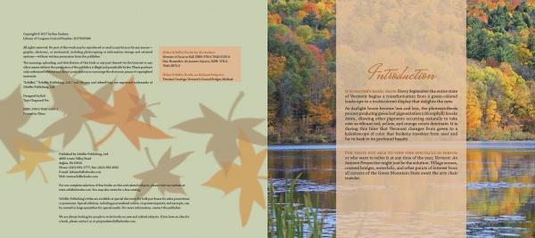 A two-page spread from "Vermont" by Schiffer Publishing, Ltd.: the left page shows brown and orange leaf graphics with publishing info; the right page overlays text on a lake scene with fall trees and a hillside reflected in the water.
