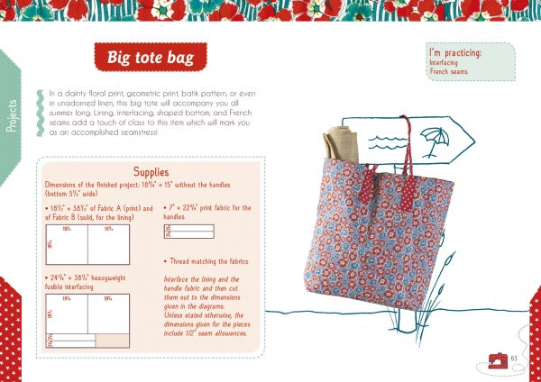 A floral tote with red handles sits on the ground, filled with fabric and a baguette. Nearby is "The Little Guide to Mastering Your Sewing Machine" by Schiffer Publishing, Ltd., with sewing instructions and supply lists for making the bag.