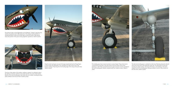 Four photos show close-ups of the Curtiss P-40 Warhawk’s nose, wheels, and shark mouth nose art—symbols of this iconic WWII fighter. The left page includes captions and text about the aircraft's markings. From Schiffer Publishing, Ltd.