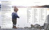 A toddler in cozy knitwear stands on a rocky lakeshore, gazing at the water with snowy mountains beyond. To the right, the table of contents for Knitting for Little Sweethearts by Schiffer Publishing, Ltd. is superimposed on the image.
