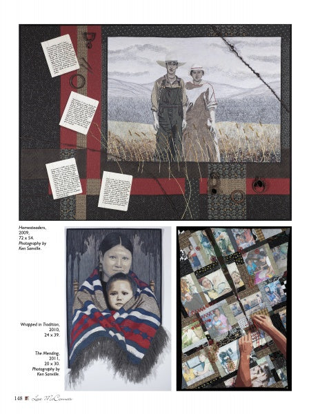 A collage from "Cutting-Edge Art Quilts" by Schiffer Publishing, Ltd. features a black-and-white couple, wheat fields with handwritten notes, a woman with a child in stripes, and hands arranging photo cards on patterns.