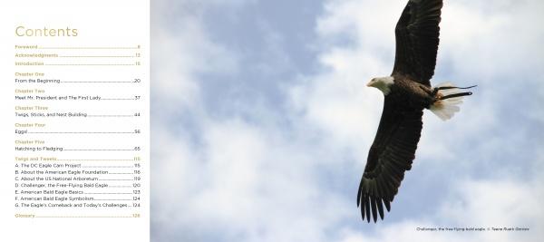 Table of contents with chapters and page numbers on the left; on the right, a bald eagle soars in a blue sky. Below: “Mr. President and The First Lady by Schiffer Publishing, Ltd.”.