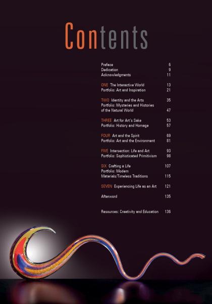 The table of contents for "Intersection" by Schiffer Publishing, Ltd. features orange and white text on a dark background and a vibrant, curved glass sculpture with a pointed tip, capturing the energy of contemporary art and life.