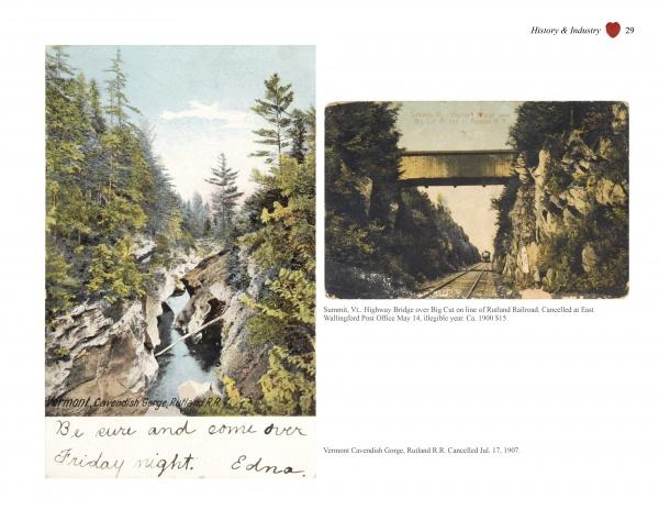 “Greetings from Rutland, VT” by Schiffer Publishing, Ltd. features two antique postcards: one of Vermont’s Cavendish Gorge and another of a train bridge near Rutland’s Downtown Historic District.