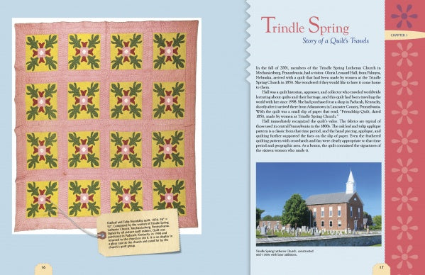 A page from Quilts of Cumberland County (Schiffer Publishing, Ltd.) shows a pink and yellow floral vintage quilt with caption on the left; on the right, text about Trindle Spring and a photo of a brick church with white steeple.