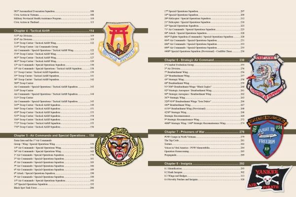 Yankee Air Pirates by Schiffer Publishing, Ltd. features a table of contents with military units and chapters, plus six vibrant USAF insignia patches for collectors, all showcased on a tan background.