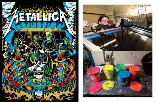 On the left is "Pinball Wizards & Blacklight Destroyers" by Schiffer Publishing, Ltd.; on the right, a man uses a screen printing press above cans of colorful ink—yellow, pink, green, light blue, red, and dark blue.