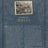 A textured blue page from "Italian Small Arms of the First and Second World Wars" by Schiffer Publishing, Ltd. shows a black-and-white photo of trench soldiers with rifles and text: Chapter 2: Rifles, exploring Italian military firearms in WWI.